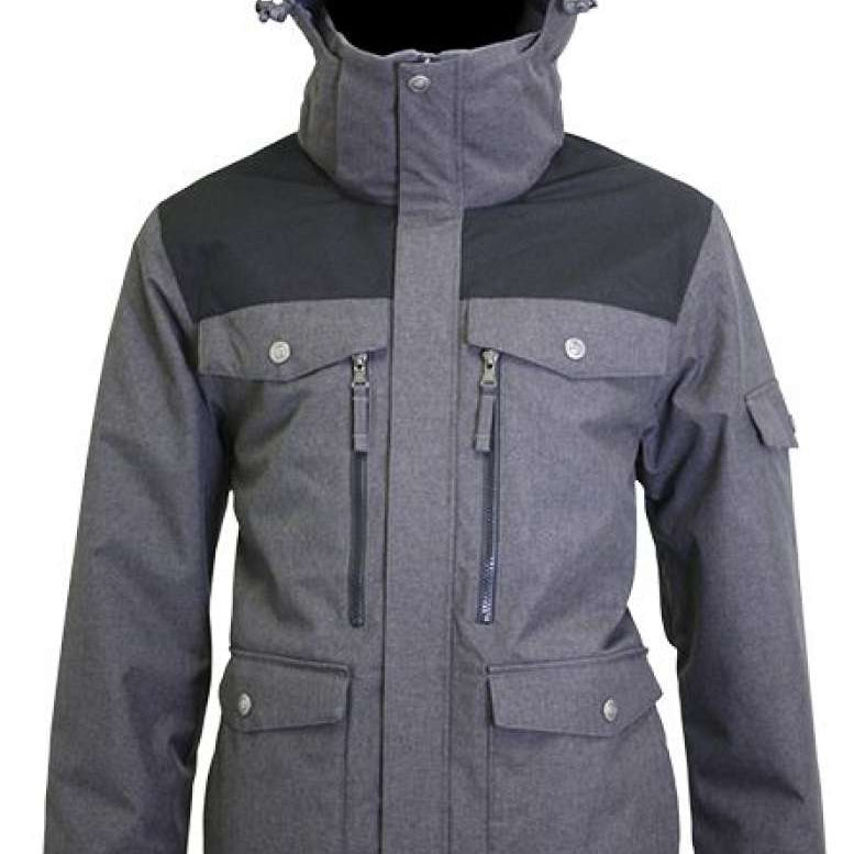Turbine Bomber Insulated Jacket - A gray jacket with a hood, featuring two zippered pockets on the front and a central zipper down the middle.