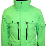 Turbine Bomber Insulated Jacket 2024 - A bright green jacket with a high collar and zippered pockets, featuring black zippers and buttons.