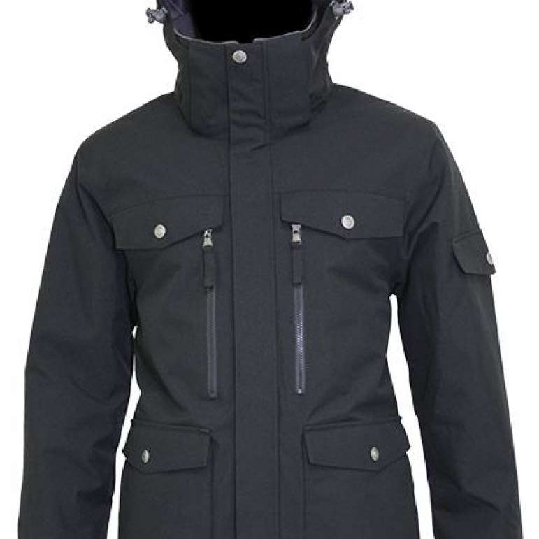 Turbine Bomber Insulated Jacket 2024 - A black jacket with a high collar and zippered pockets, featuring silver zippers and buttons.