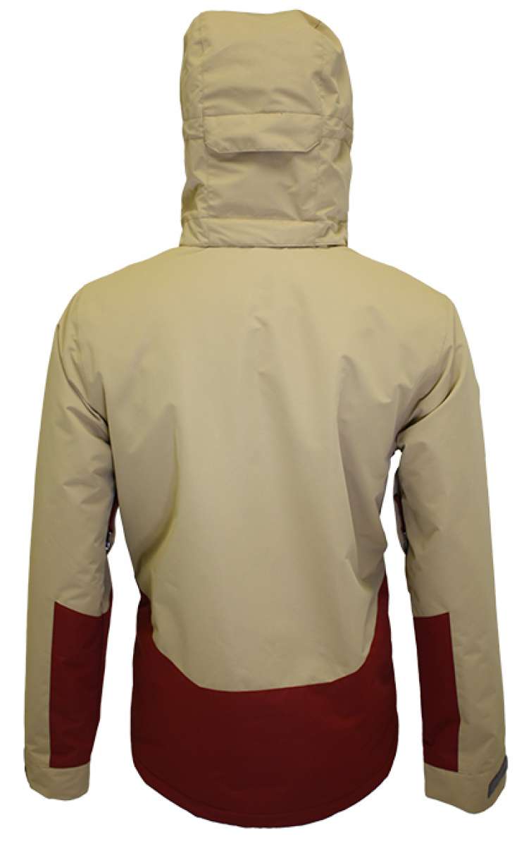 Turbine Boot Pack Insulated Jacket 2023 - A tan jacket with a hood and two zippered pockets on the front, featuring a darker brown stripe across the chest.
