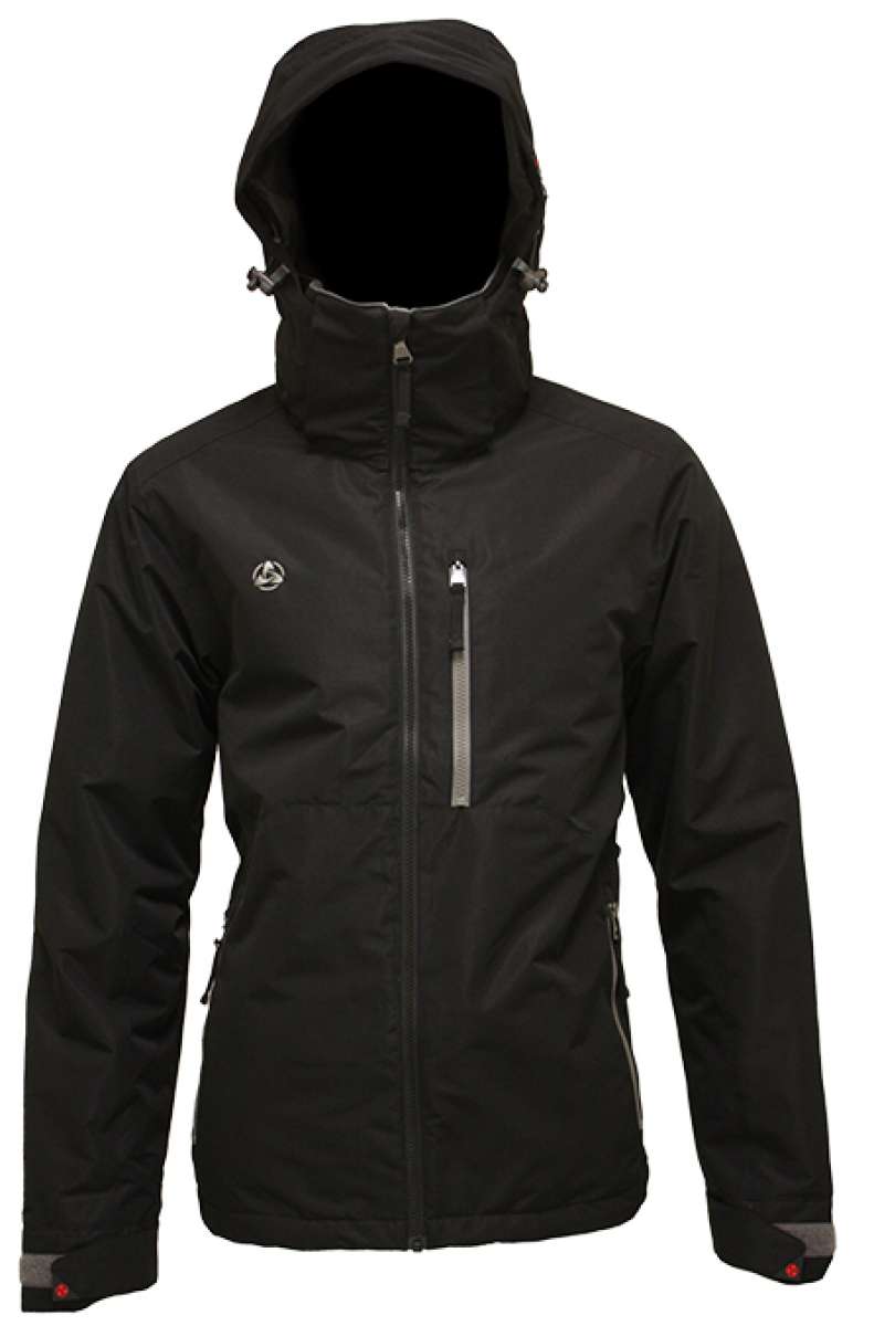 Turbine Boot Pack Insulated Jacket 2023 - A black insulated jacket with a hood, featuring a zipper and two zippered pockets on either side.