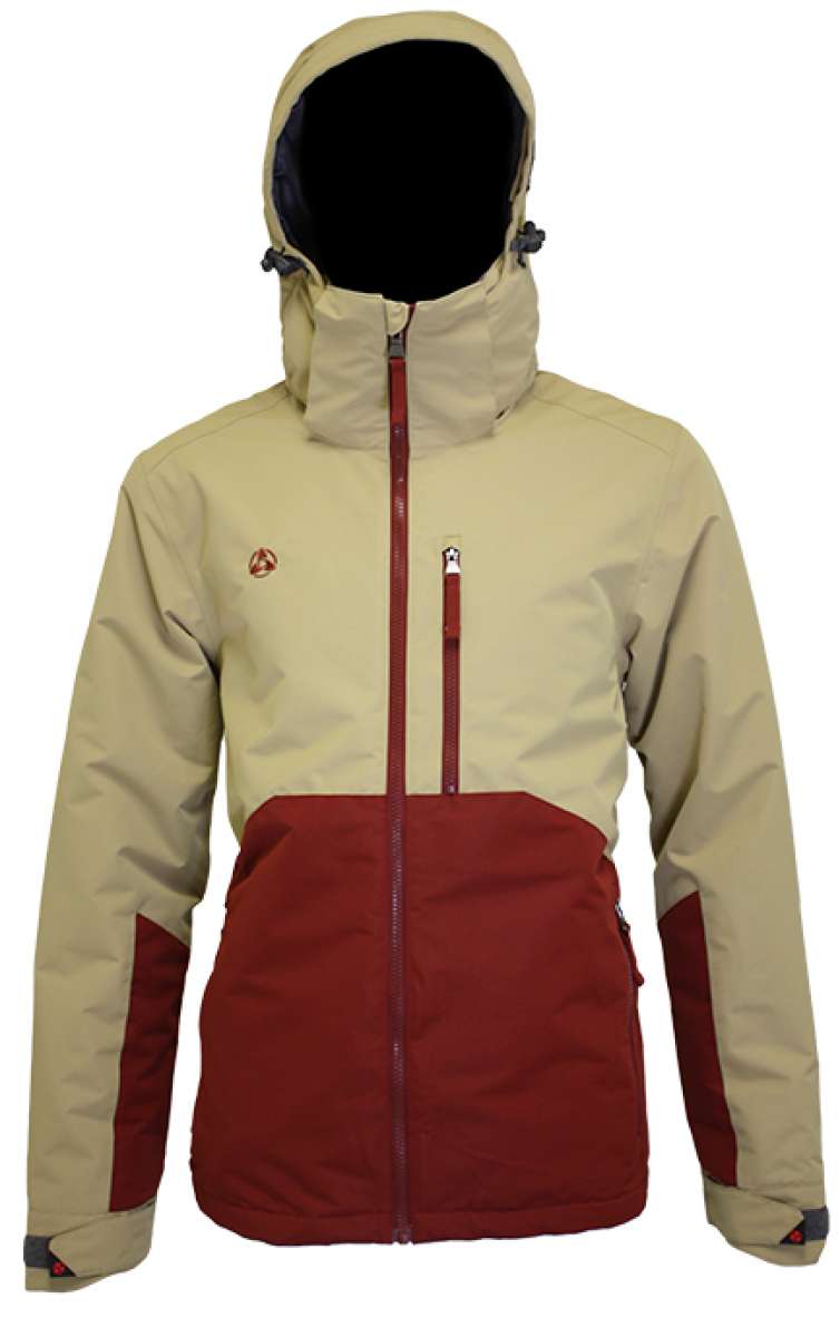 Turbine Boot Pack Insulated Jacket 2023 - A tan jacket with a red zipper and logo on the left chest, featuring a hood and zippered pockets.