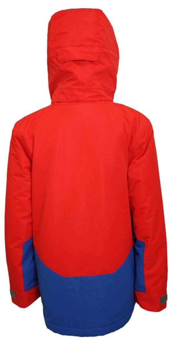 Turbine Boys Method Insulated Jacket - A red insulated jacket with a hood, featuring blue accents on the lower portion and gray hardware.
