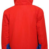 Turbine Boys Method Insulated Jacket - A red insulated jacket with a hood, featuring blue accents on the lower portion and gray hardware.