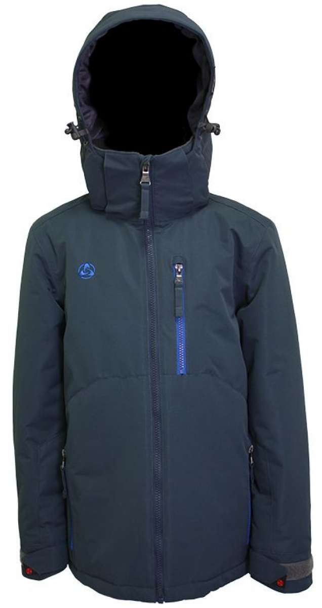 Turbine Boys Method Insulated Jacket 2024 - A dark gray jacket with a blue logo on the left chest and a vertical zipper down the center.