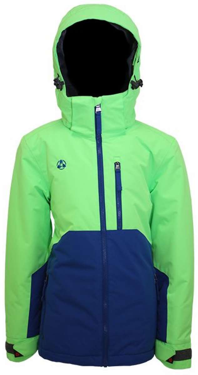 Turbine Boys Method Insulated Jacket 2024 - A lime green and navy blue jacket with a hood, featuring two zippered pockets on the front.