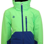 Turbine Boys Method Insulated Jacket 2024 - A lime green and navy blue jacket with a hood, featuring two zippered pockets on the front.