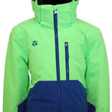 Turbine Boys Method Insulated Jacket 2024 - A lime green and navy blue jacket with a hood, featuring two zippered pockets on the front.