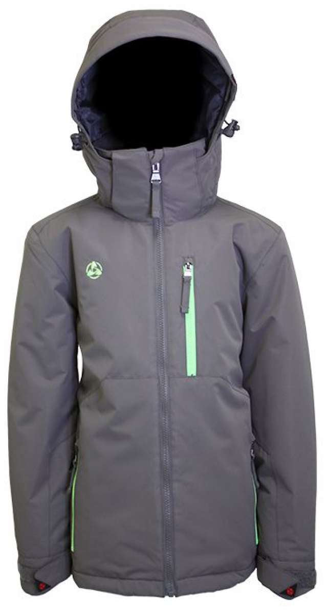 Turbine Boys Method Insulated Jacket - A dark gray jacket with a hood, featuring a small logo on the left chest and a zipper down the front.
