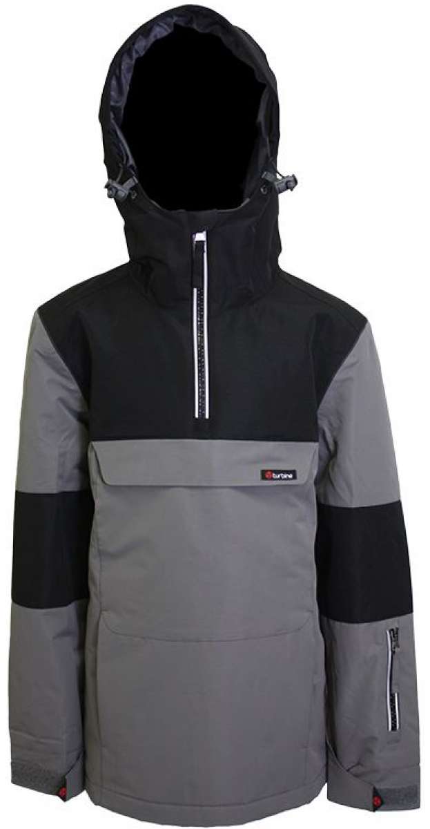 Turbine Boys Ripper Insulated Anorak Jacket 2024 - A black and grey jacket with a hood, featuring a zipper down the front.