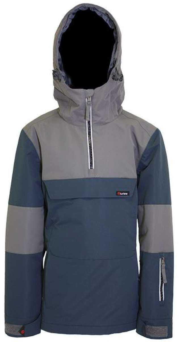 Turbine Boys Ripper Insulated Anorak Jacket 2024 - A gray and navy blue jacket with a hood, featuring a zipper down the front.