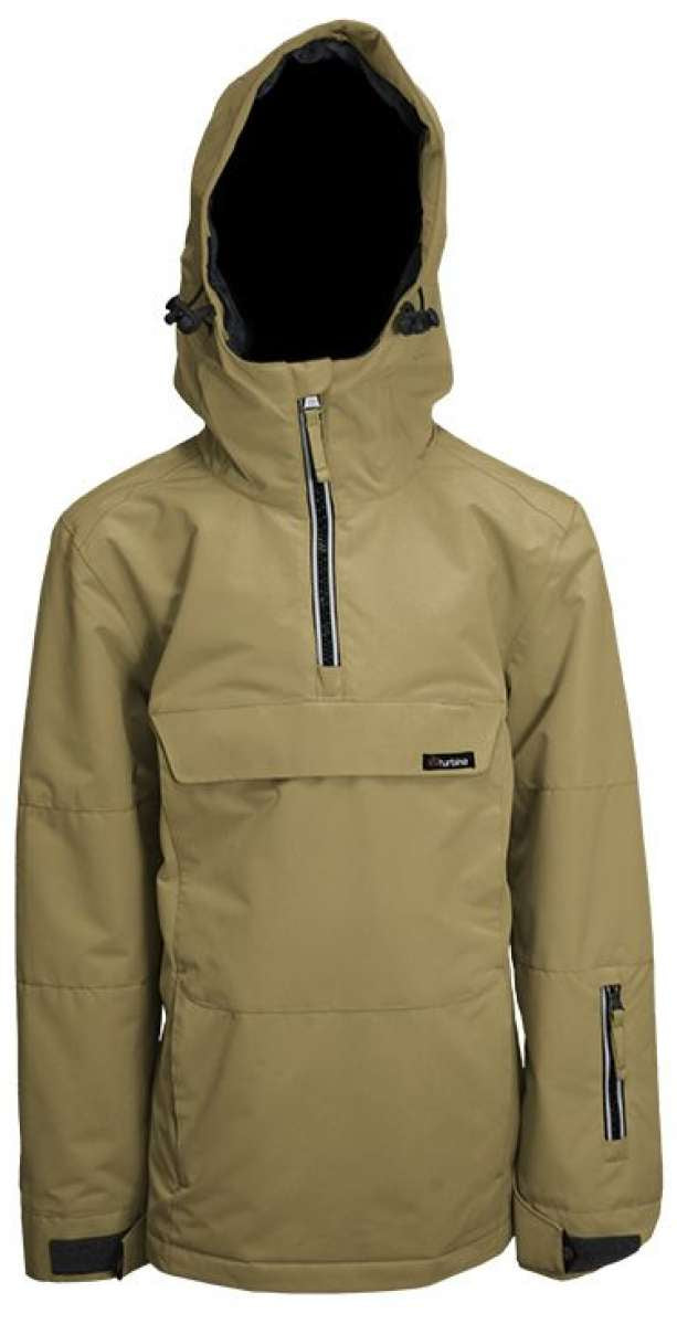 Turbine Boys Ripper Insulated Anorak Jacket 2024 - A tan jacket with a hood, featuring two zippered pockets on the front and a black zipper running down the center.