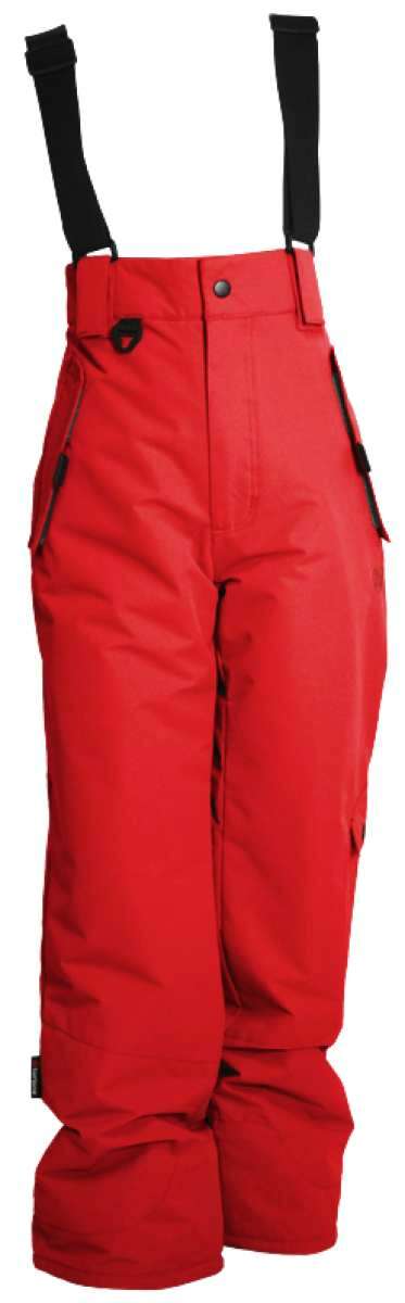 Turbine Boys Rodeo Insulated Pant 2022 - Red snow pants with black suspenders and a zippered pocket on the side.