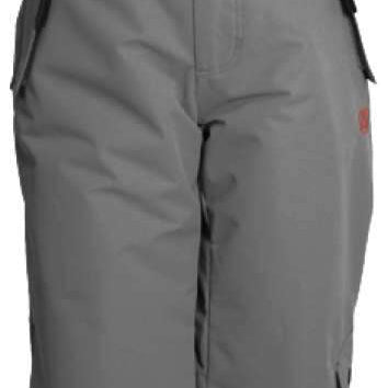 Turbine Boys Rodeo Insulated Pant 2022 - A pair of gray snow pants with adjustable black suspenders and a red logo on the left leg.