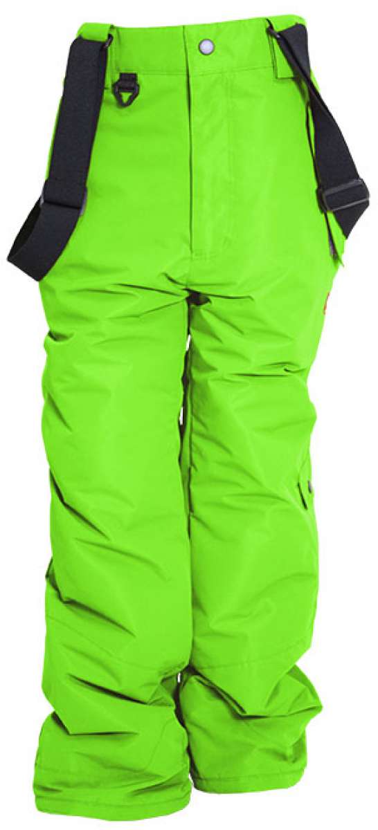 Turbine Boys Rodeo Insulated Pant 2022 - Neon green snow pants with black suspenders and a silver snap button at the waist.