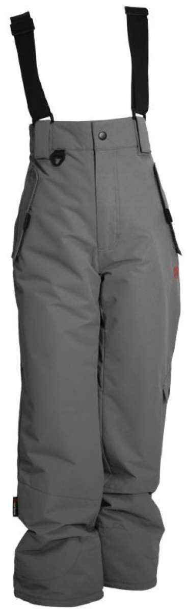 Turbine Boys Rodeo Insulated Pants 2024 - Gray snow pants with black suspenders and a red logo on the left leg.