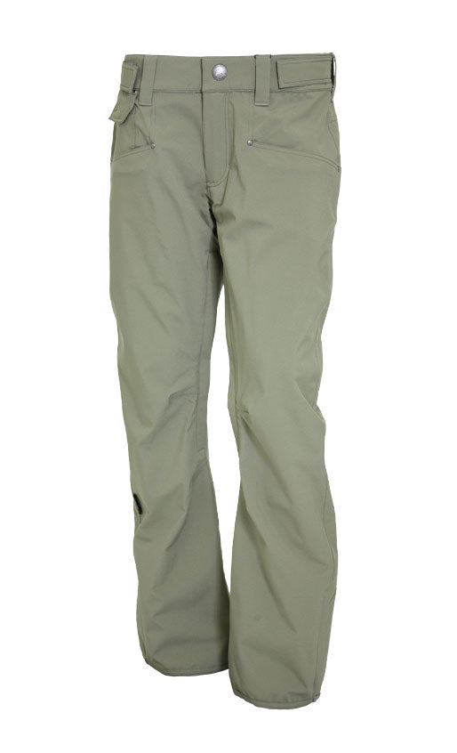 Turbine E2F Shell Pant 2021 - A pair of olive green snow pants with a zippered pocket on the right thigh and two cargo pockets on each side.