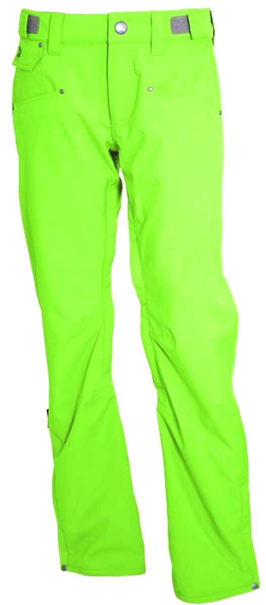 Turbine E2F Shell Pants 2024 - Bright green pants with a gray logo on the left thigh and silver hardware.