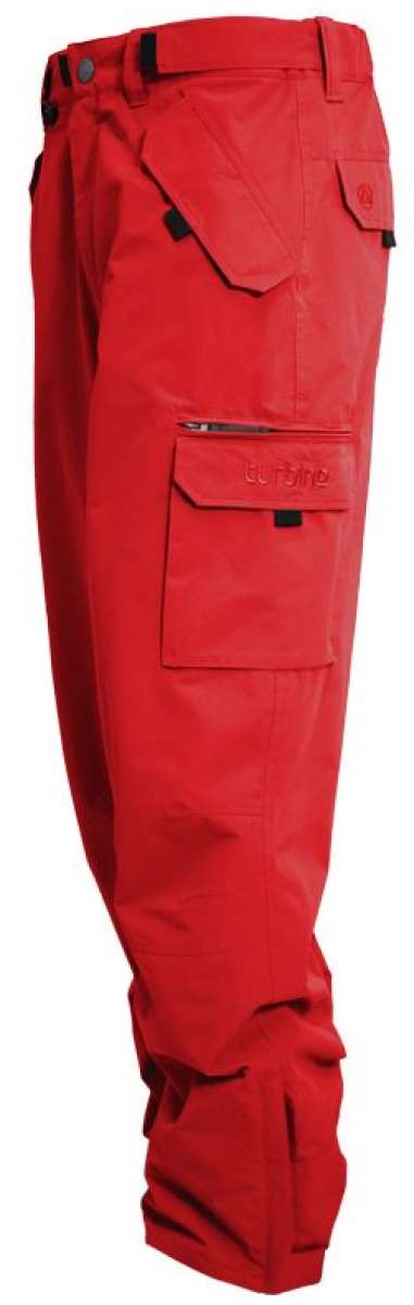 Turbine FDGB Shell Pant 2022 - A pair of red snow pants with a zippered pocket on the thigh and black hardware.