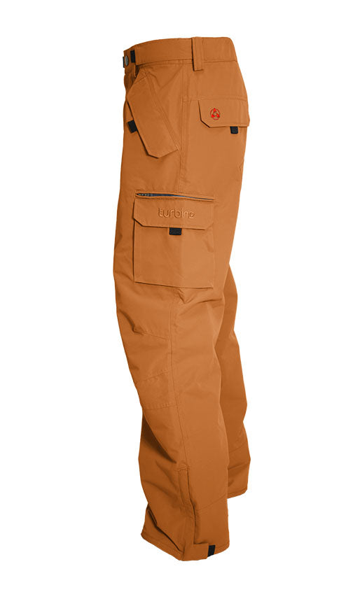 Turbine FDGB Shell Pant 2021 - A pair of tan snow pants with a zippered pocket on the thigh and a red logo patch near the upper right hip.