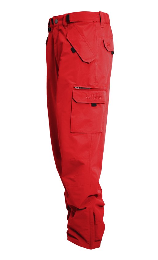 Turbine FDGB Shell Pant 2021 - A pair of red snow pants with a zippered pocket on the thigh and black hardware.