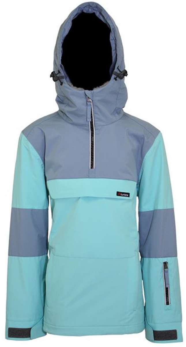 Turbine Girls Denali Insulated Anorak Jacket 2022-2023 - A light blue and grey anorak jacket with a hood, zipper closure, and two zippered pockets.
