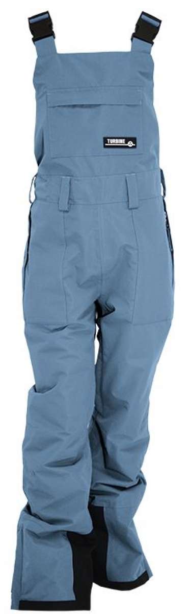Turbine Girls Drifter Insulated Bib Pants 2024 - Light blue bib pants with a black logo on the left thigh and adjustable straps at the shoulders.