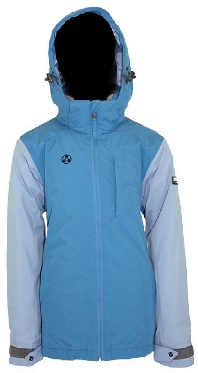 Turbine Girls Iris Insulated Jacket 2024 - A light blue and white jacket with a hood, featuring a small logo on the left chest area.
