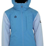 Turbine Girls Iris Insulated Jacket 2024 - A light blue and white jacket with a hood, featuring a small logo on the left chest area.