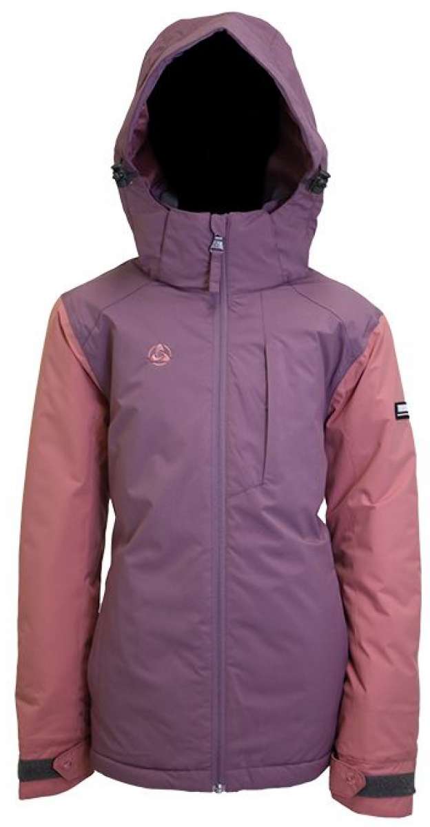 Turbine Girls Iris Insulated Jacket 2024 - A dusty rose-colored jacket with a hood, featuring a small logo on the left chest and a black zipper pull.