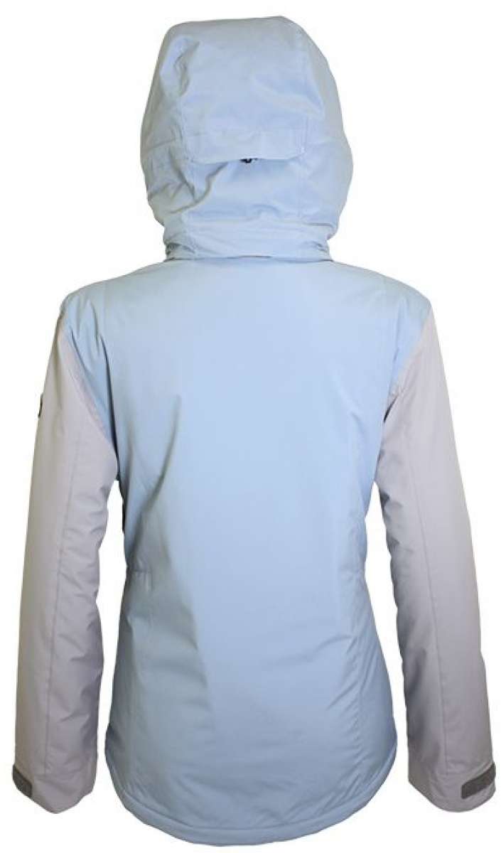 Turbine Girls Iris Insulated Jacket 2024 - A light blue jacket with a hood, featuring a small black zipper pull on the back of the hood.