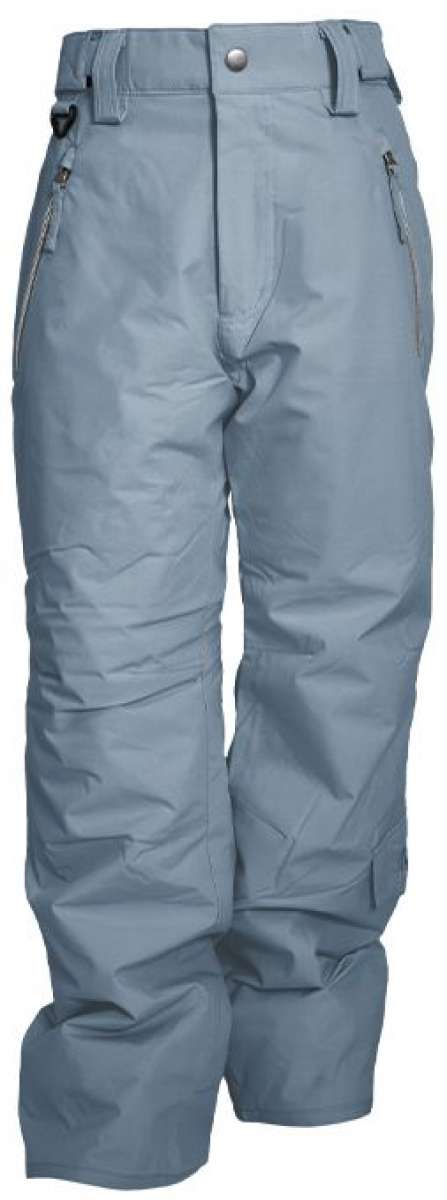Turbine Girls Juneau Insulated Pants 2024 - Light blue snow pants with a zippered pocket on the right thigh and a black logo patch on the left hip.