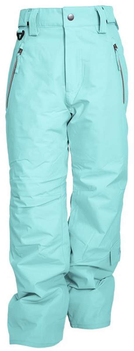 Turbine Girls Juneau Insulated Pants 2024 - Light blue snow pants with a zippered pocket on the right thigh and a black logo patch on the left hip.