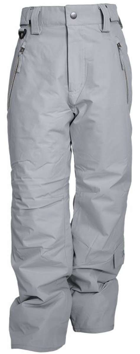 Turbine Girls Juneau Insulated Pants 2024 - Light gray pants with a subtle snowflake pattern on the left leg, featuring a zippered pocket and adjustable cuffs.