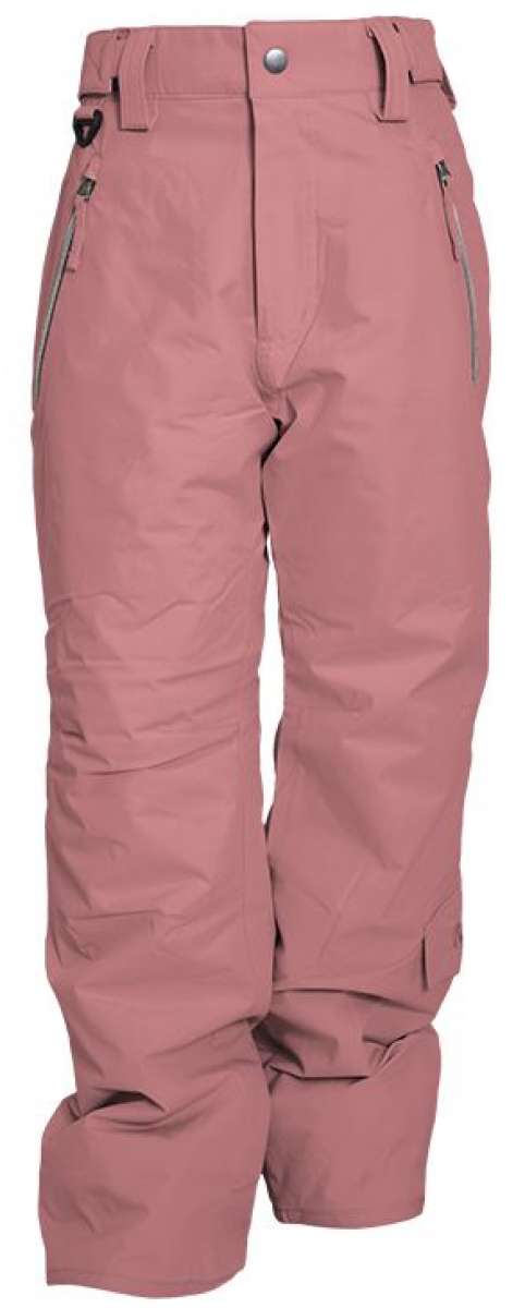 Turbine Girls Juneau Insulated Pants - 2024 pants in a dusty rose color with silver zippers on both sides of the front pockets.
