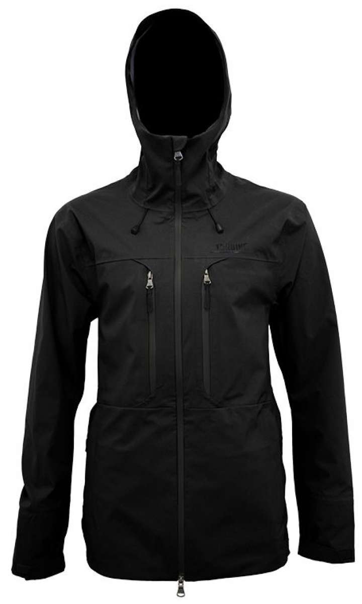 Turbine Guardian 3-Layer Jacket - A black jacket with a high collar and zippered pockets, featuring a prominent logo on the chest.
