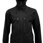 Turbine Guardian 3-Layer Jacket - A black jacket with a high collar and zippered pockets, featuring a prominent logo on the chest.