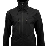 Turbine Guardian 3-Layer Jacket - A black jacket with a high collar and zippered pockets, featuring a prominent logo on the chest.