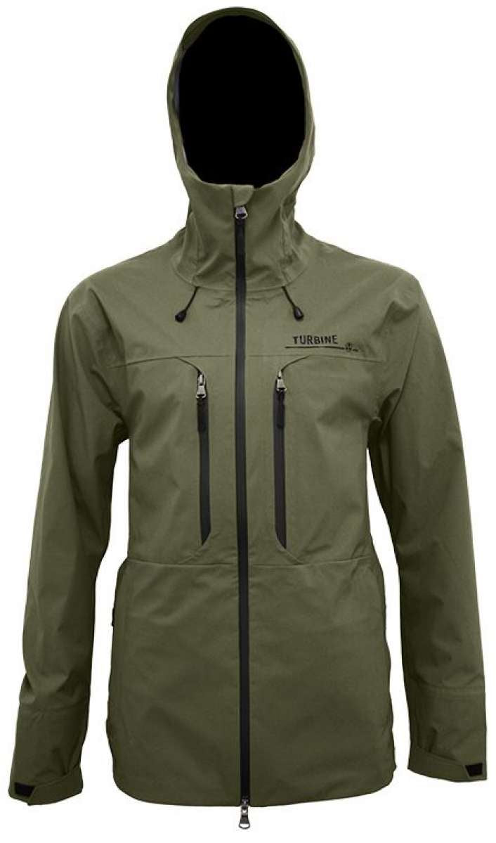 Turbine Guardian 3-Layer Jacket - A dark olive green jacket with a hood, featuring two zippered pockets on the front and a black zipper running down the center.