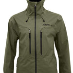 Turbine Guardian 3-Layer Jacket - A dark olive green jacket with a hood, featuring two zippered pockets on the front and a black zipper running down the center.