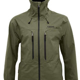 Turbine Guardian 3-Layer Jacket - A dark olive green jacket with a hood, featuring two zippered pockets on the front and a black zipper running down the center.
