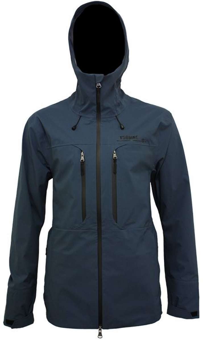 Turbine Guardian 3-Layer Jacket - A dark gray jacket with a hood, featuring two zippered pockets on the front and a central zipper down the middle.