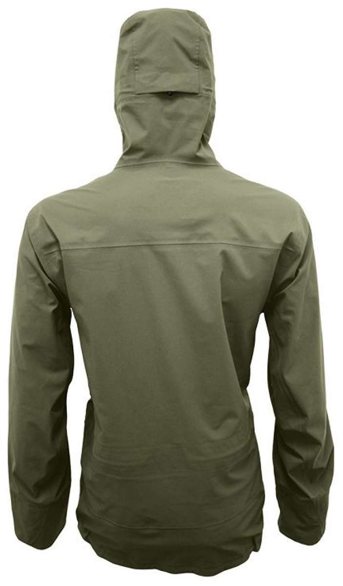 Turbine Guardian 3-Layer Jacket - A dark olive green jacket with a hood, featuring two zippered pockets on the front and a black zipper pull.