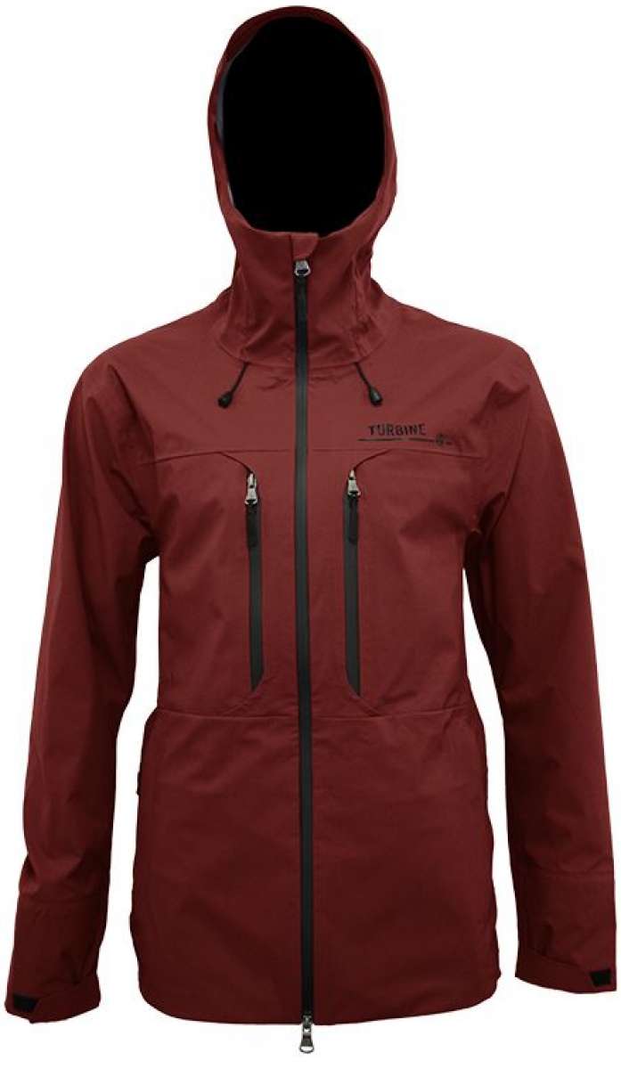 Turbine Guardian 3-Layer Jacket - A maroon jacket with a hood, featuring two zippered pockets on the front and a black zipper running down the center.
