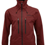 Turbine Guardian 3-Layer Jacket - A maroon jacket with a hood, featuring two zippered pockets on the front and a black zipper running down the center.