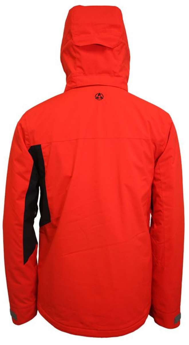 Turbine Jedi Insulated Jacket - A red jacket with a black zipper and two zippered pockets on either side, featuring a hood and a black logo at the top center of the back.