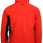 Turbine Jedi Insulated Jacket - A red jacket with a black zipper and two zippered pockets on either side, featuring a hood and a black logo at the top center of the back.