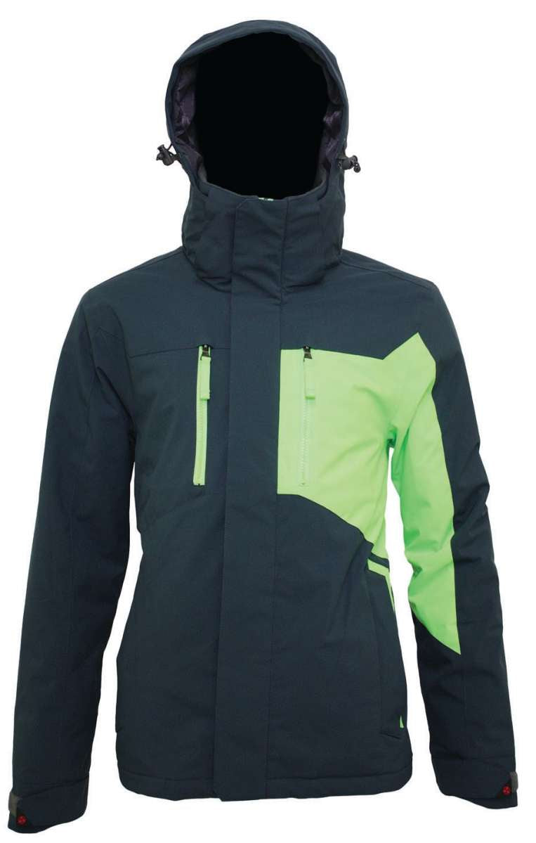 Turbine Jedi Insulated Jacket - A dark gray jacket with a lime green geometric design on the chest and sleeve, featuring two zippered pockets and a hood.