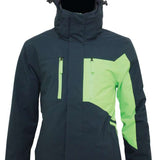 Turbine Jedi Insulated Jacket - A dark gray jacket with a lime green geometric design on the chest and sleeve, featuring two zippered pockets and a hood.