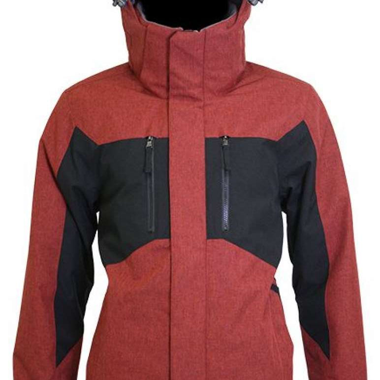 Turbine Jedi Insulated Jacket - A red jacket with a black chest panel and gray accents on the sleeves, featuring two zippered pockets and a hood.
